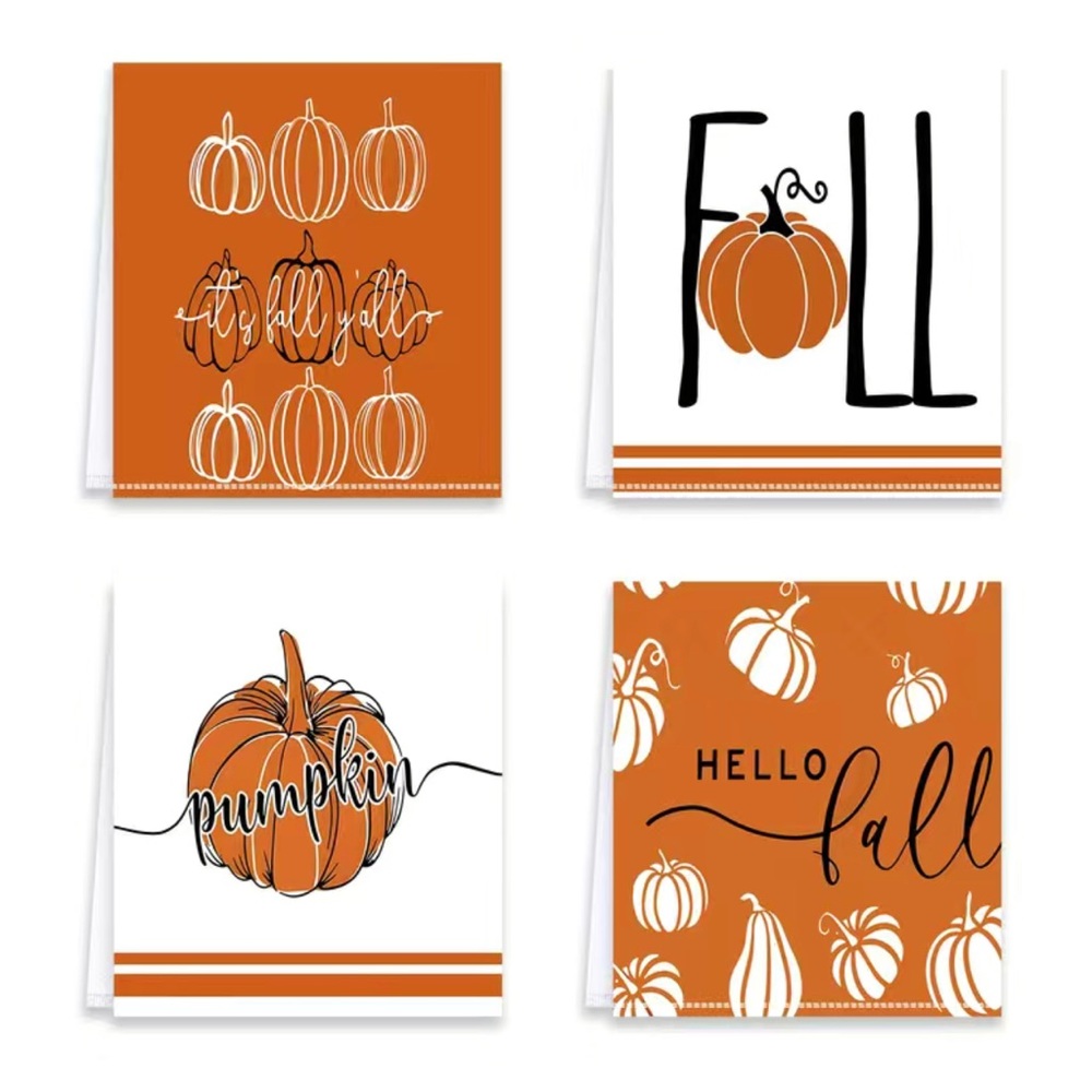 Set of 4 Fall Orange Pumpkin Kitchen Towels 23.5x16
